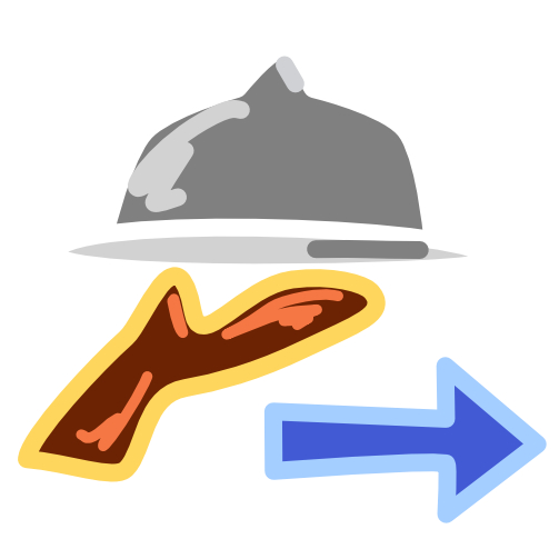 An abstract brown hand with yellow line art positioned palm up, balances a grey platter with a lid on it. Below the platter in front of the hand is a blue arrow pointing right. The image has light line art.